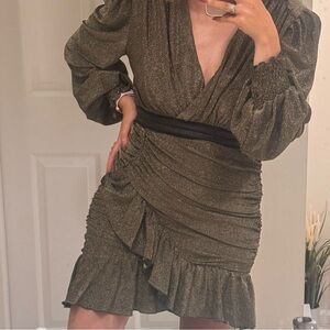 BABYLON W Les Femmes Shimmering Long Sleeve Dress, Ruched Detail. Made in Italy